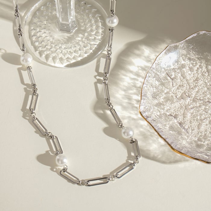 1 piece simple series elegant geometric stainless steel  gold plated artificial pearl women chain necklaces